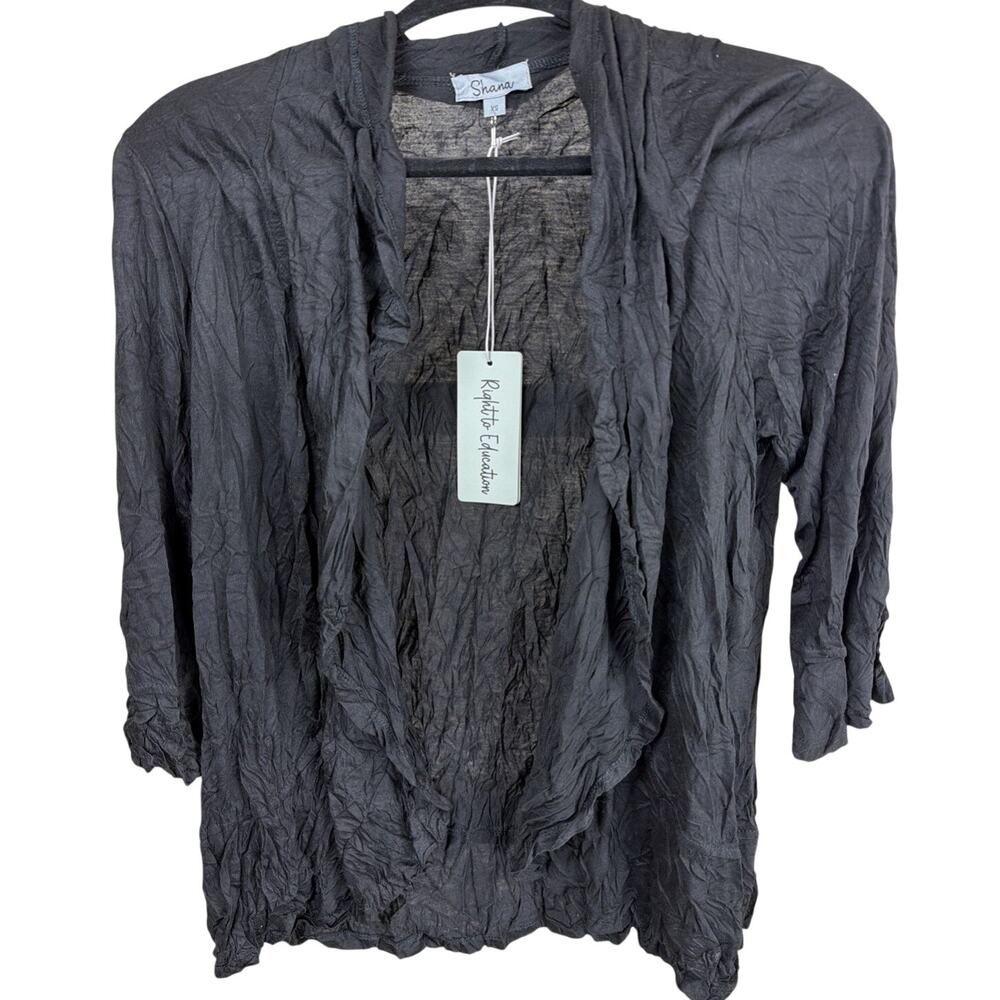 NWT Shana Black Crinkle Three Quarter Sleeves Ruffle Open Cardigan Size XS